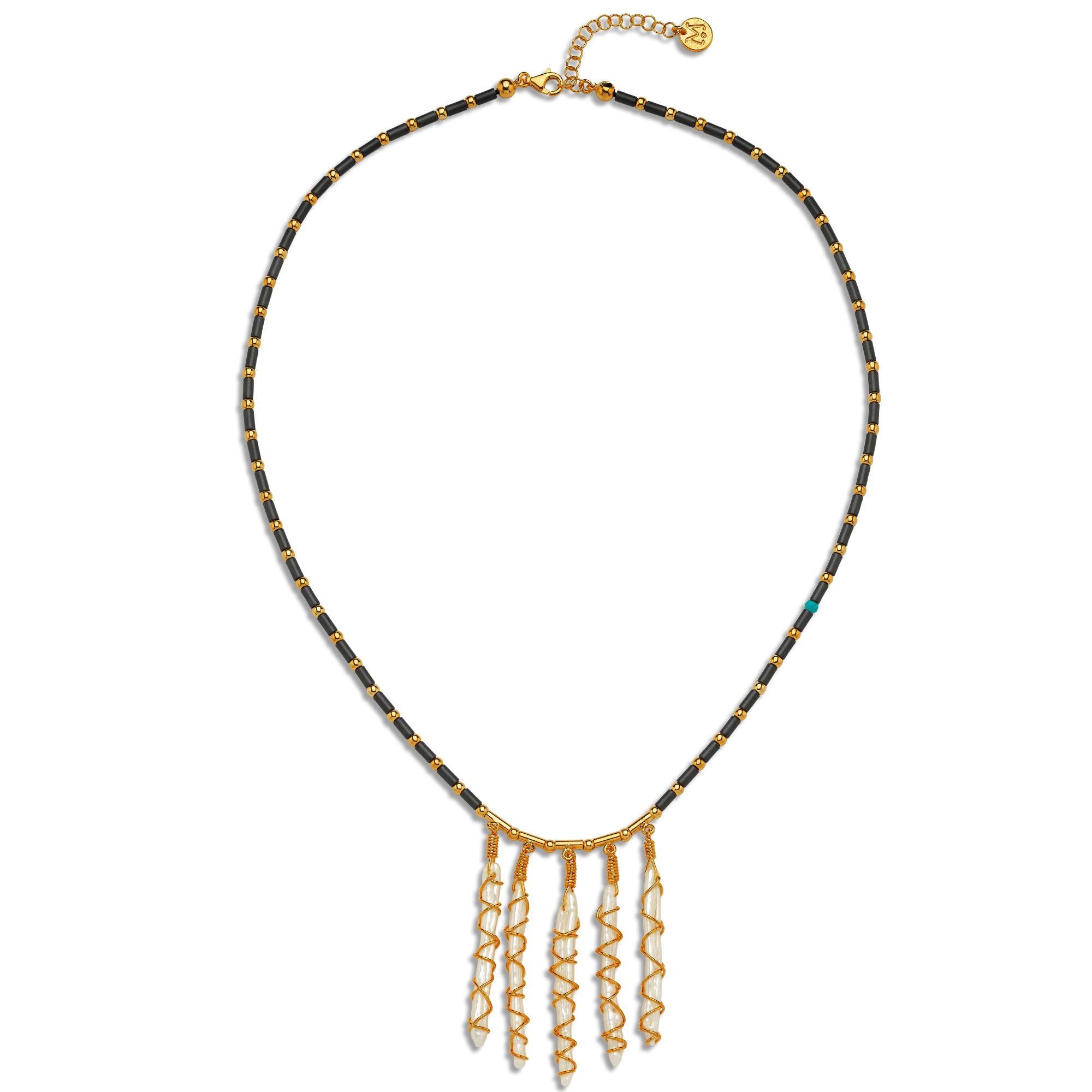 Hematite Stick Pearls Dangle Necklace